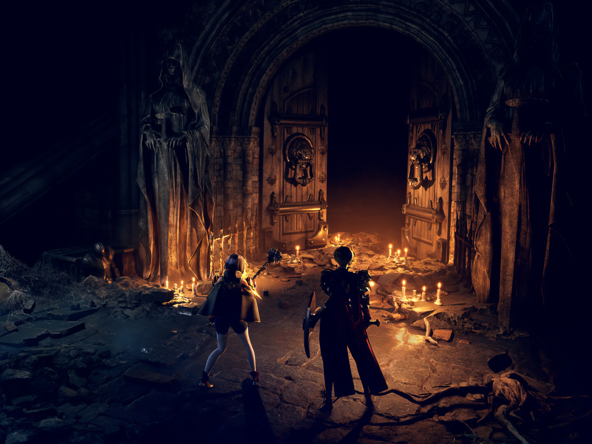 Персонажи у ворот в компьютерной игре Dungeon Stalkers, 2024