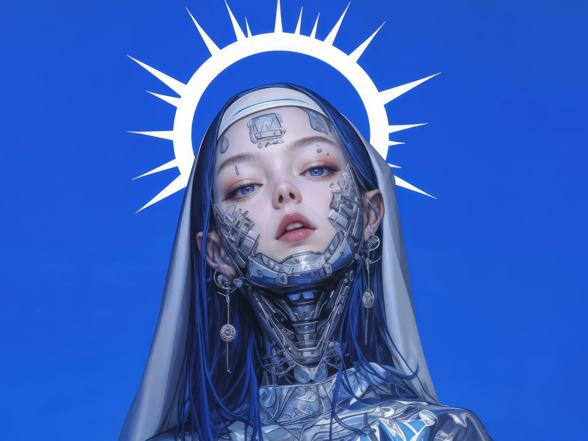 Девушка киборг cyberpunk на синем фоне