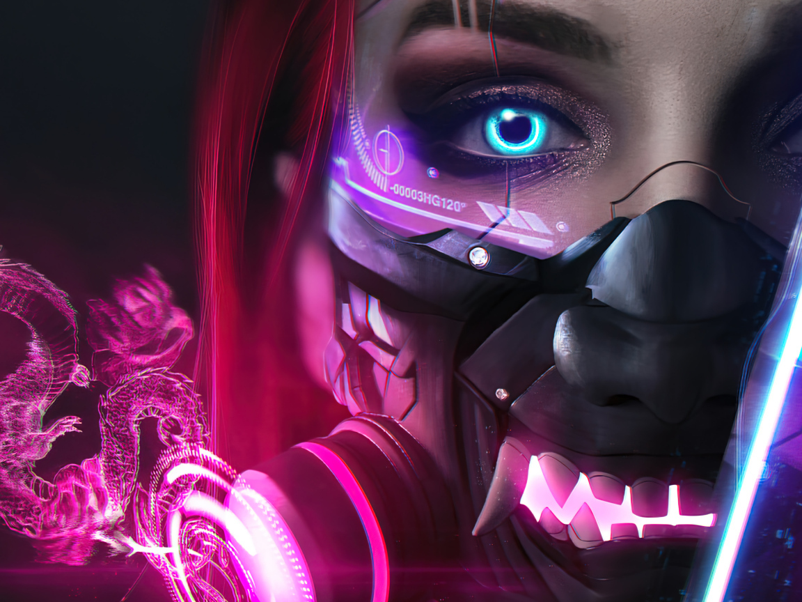 Девушка cyberpunk с голубыми глазами и маской на лице