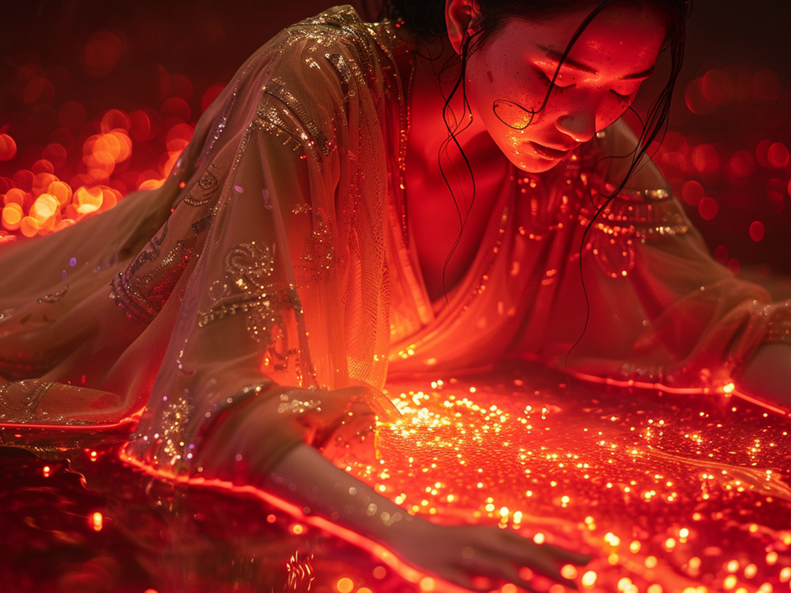 Девушка азиатка в красивом платье на светящемся фоне