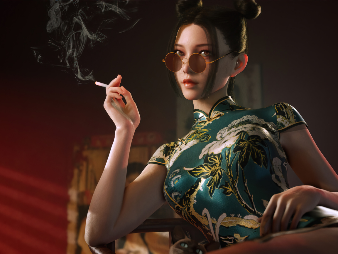 Девушка азиатка в красивом платье с сигаретой