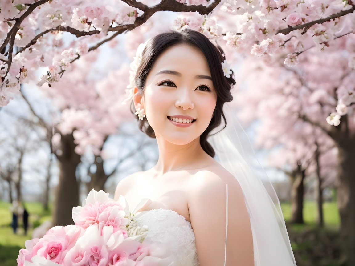 Красивая девушка азиатка в свадебном платье на фоне цветущих деревьев