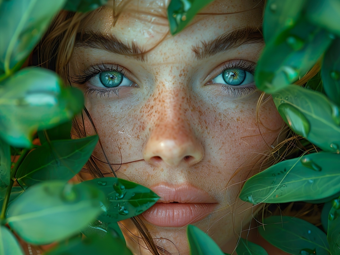 Красивая зеленоглазая девушка в зеленых листьях