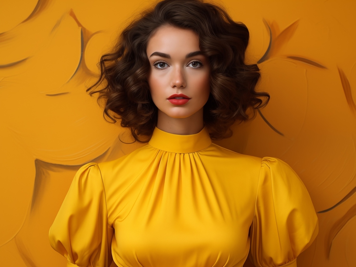 Брюнетка в желтом платье на оранжевом фоне