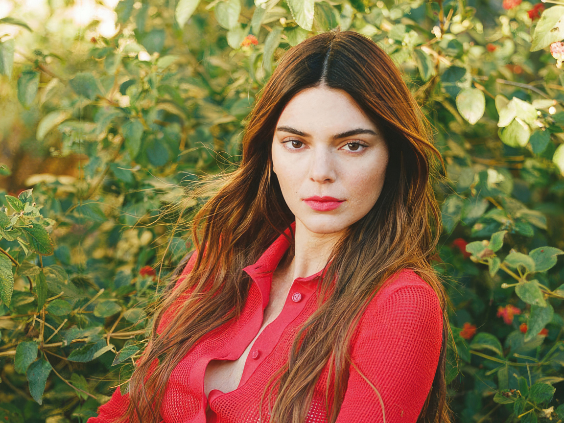 Американская модель Кендалл Дженнер в красной кофте стоит у куста