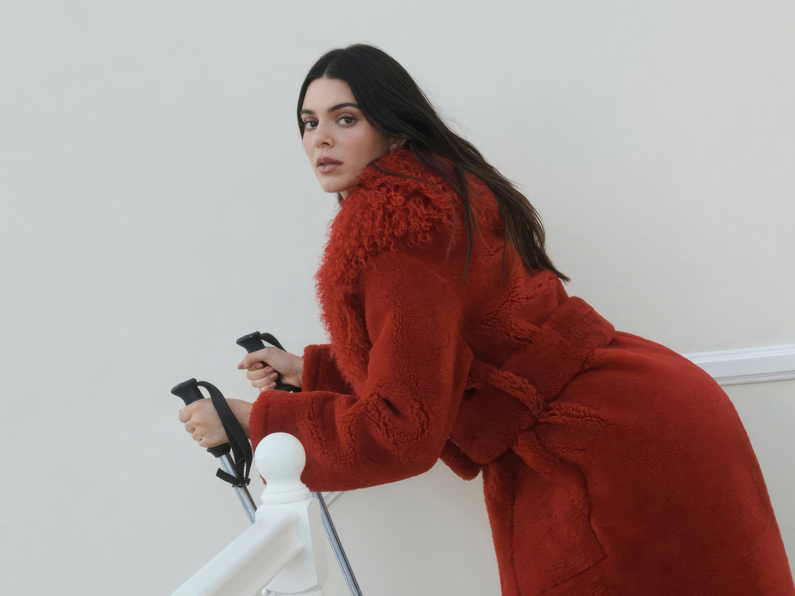 Модель Кендалл Дженнер в красной шубе