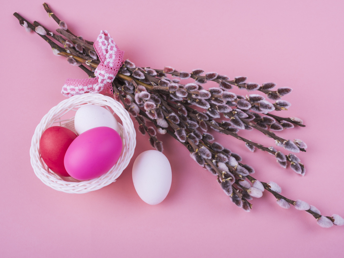 Ветки вербы с яйцами на розовом фоне