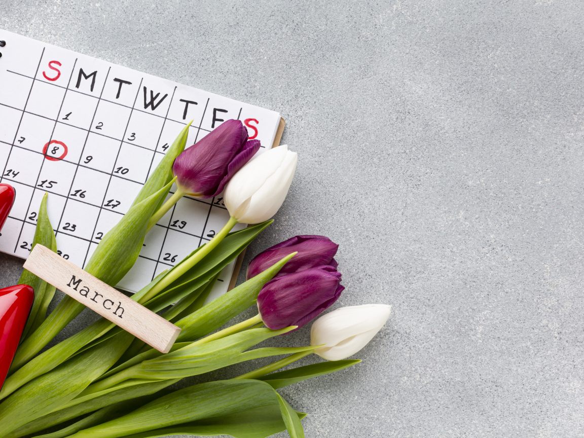 Календарь, красные туфли и букет тюльпанов на 8 марта