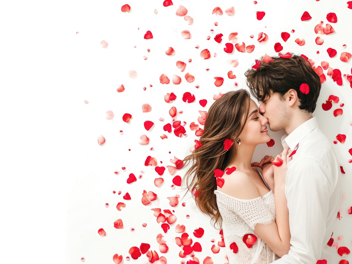 Красивая влюбленная пара в лепестках роз на белом фоне
