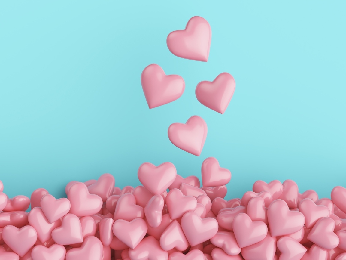 Много розовых сердечек на голубом фоне