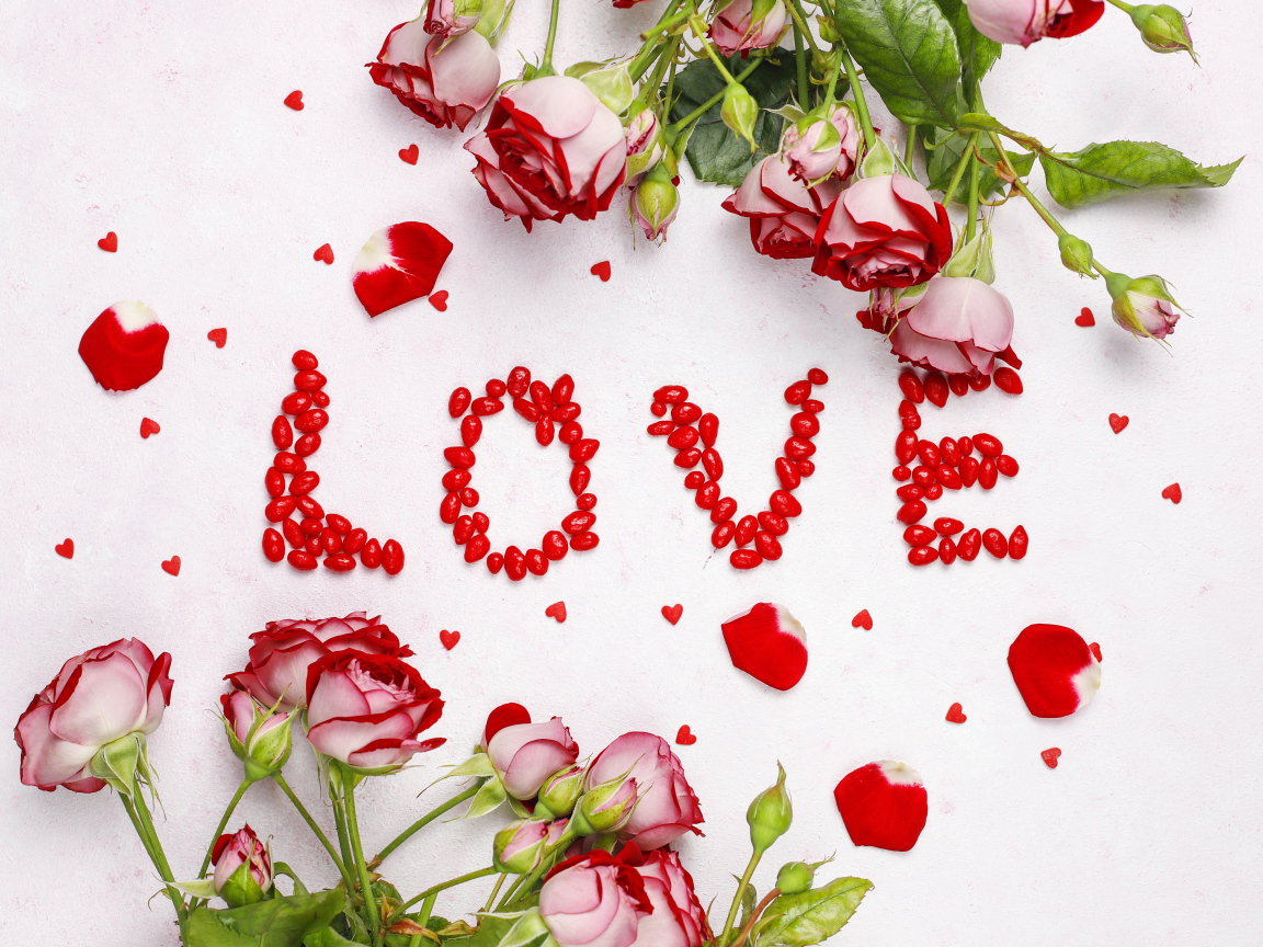 Надпись любовь с розами на белом фоне