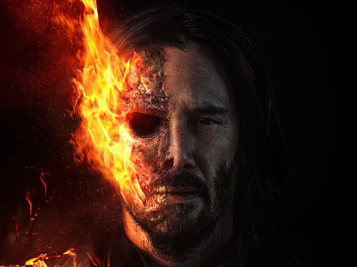 Актер Киану Ривз с горящим лицом