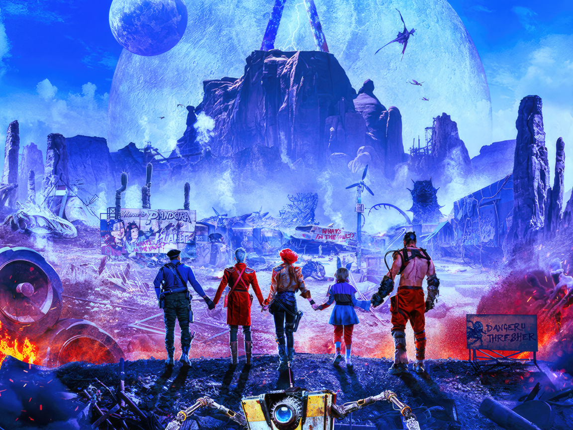 Персонажи фильма Бордерлендс на фоне города