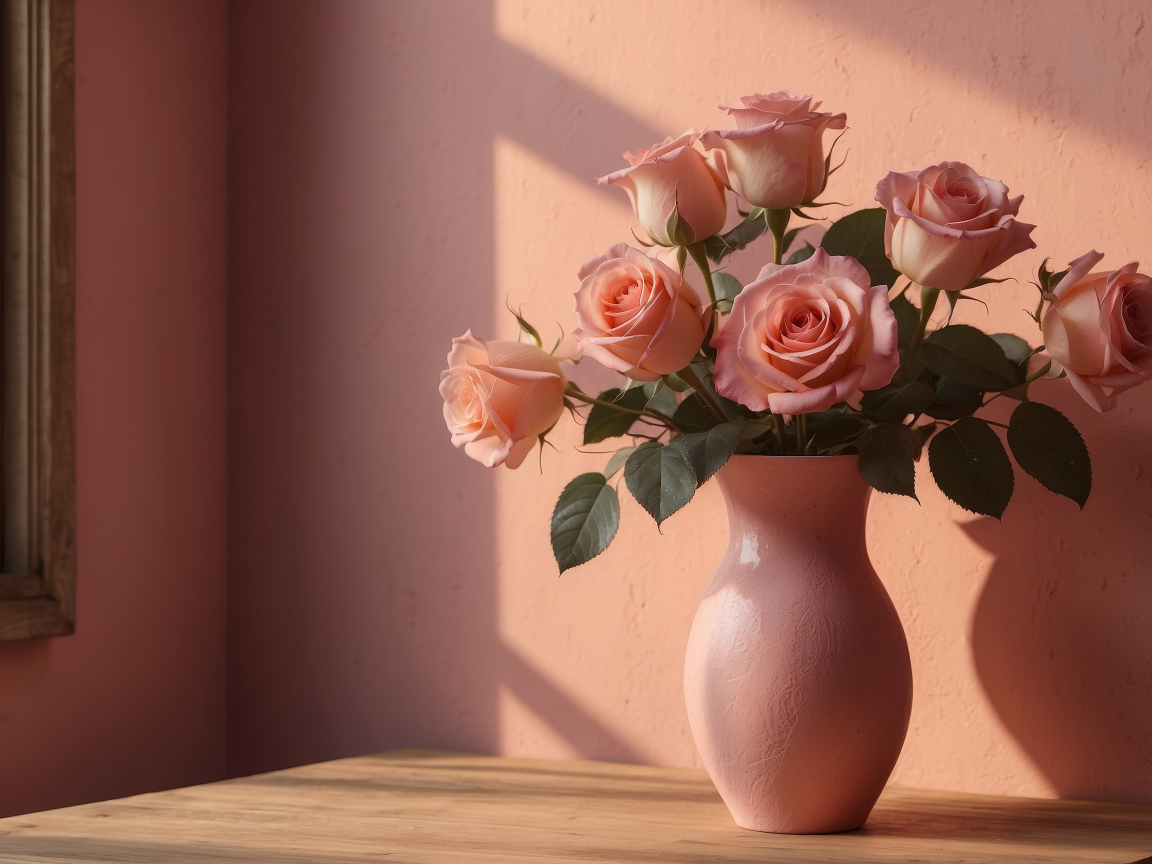 Букет нежных розовых роз в вазе у стены в лучах солнца