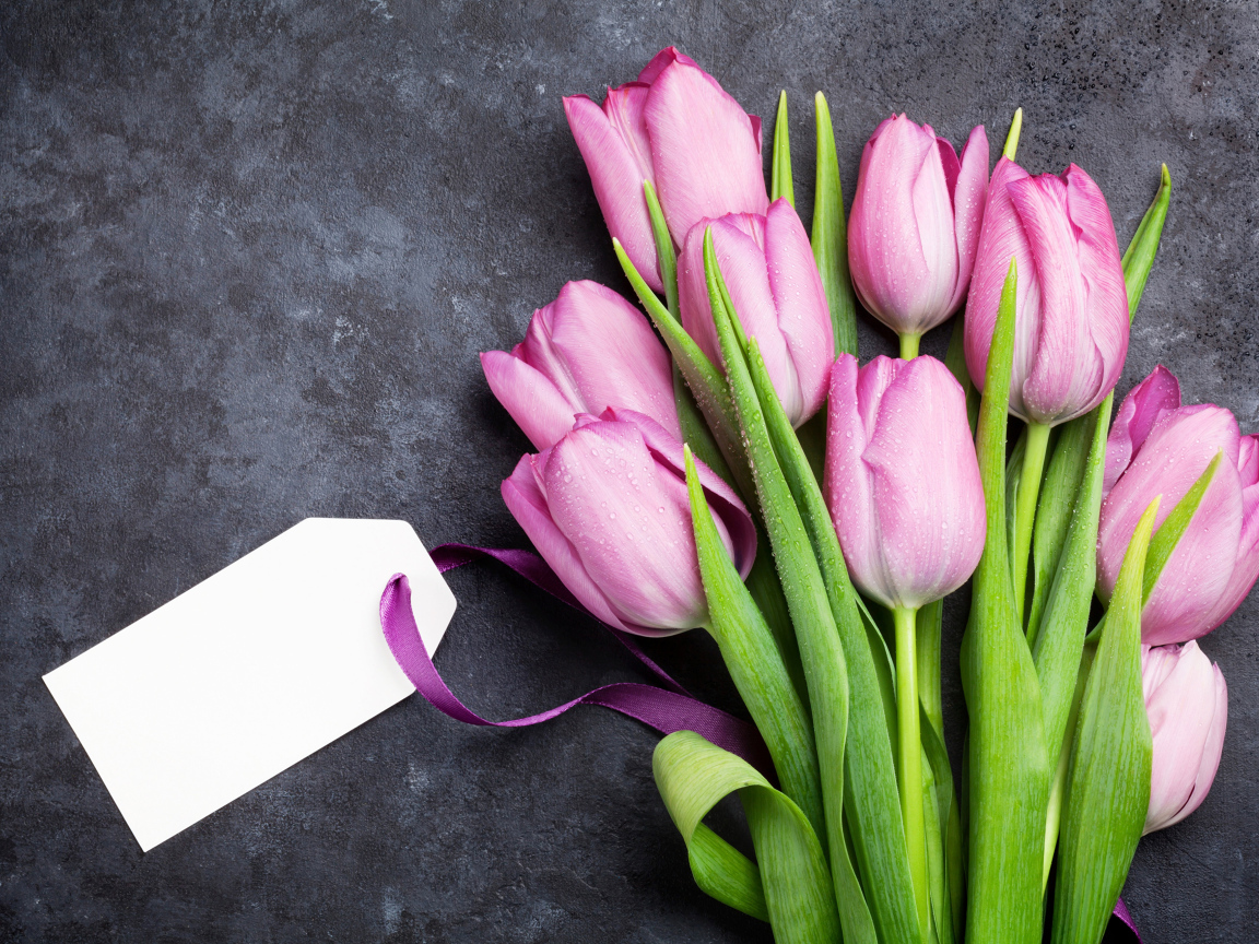 Букет розовых тюльпанов с открыткой на сером фоне