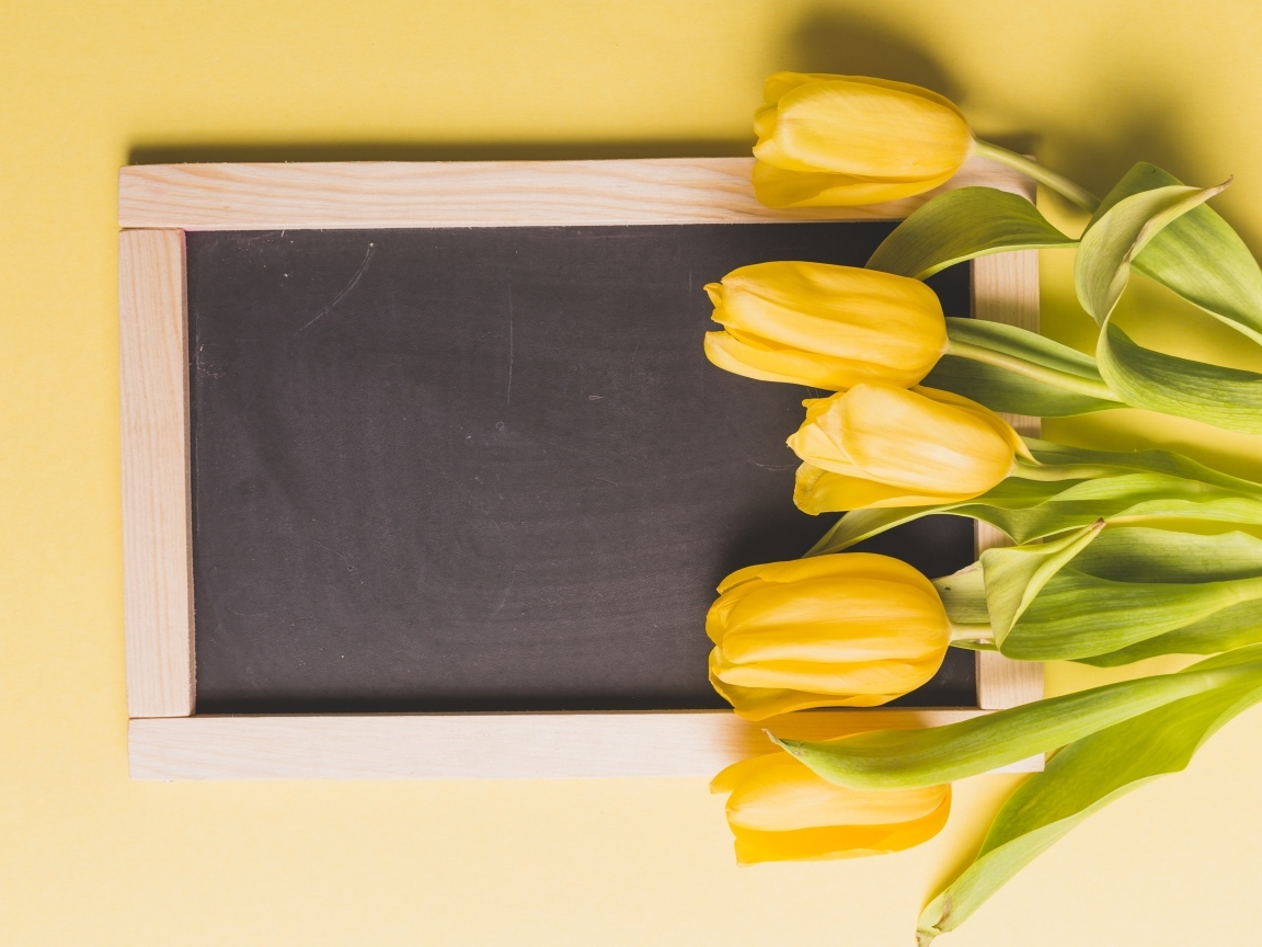 Букет желтых тюльпанов с деревянной рамкой, шаблон 