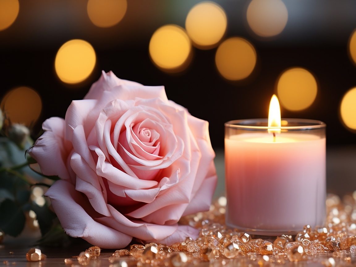 Розовая роза с зажженной свечой и камнями