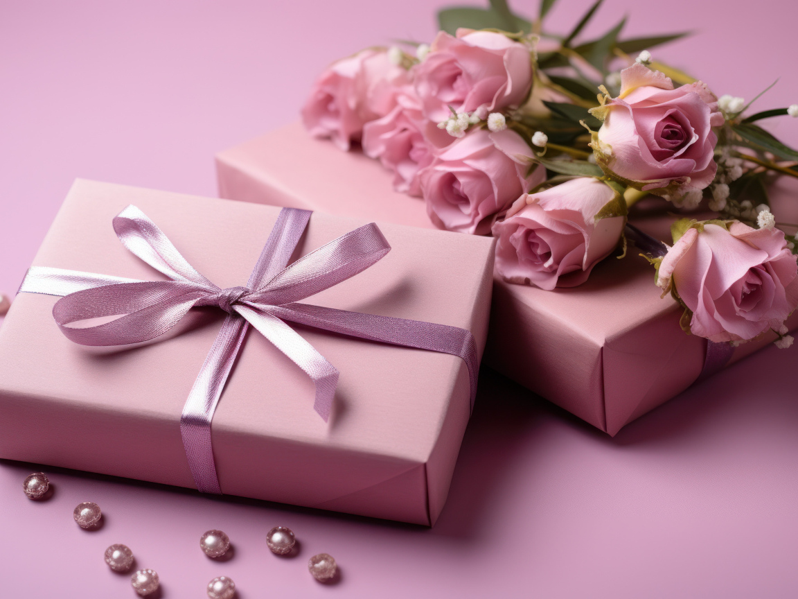 Розовые розы с подарками на столе