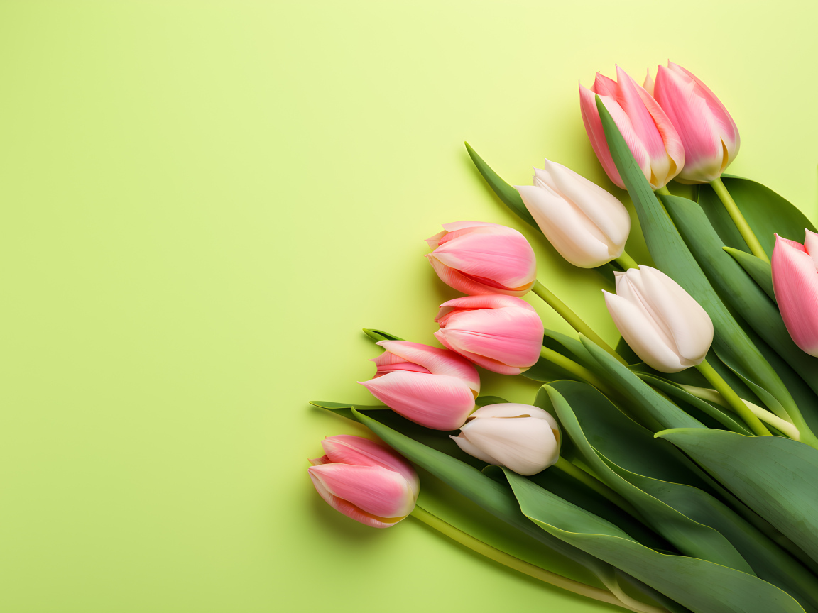 Розовые тюльпаны на зеленом фоне, шаблон 