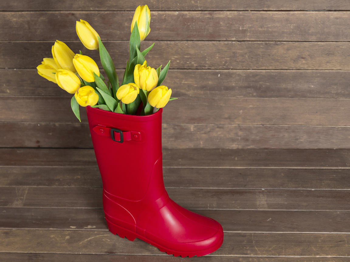 Красный сапог с желтыми тюльпанами на деревянном столе