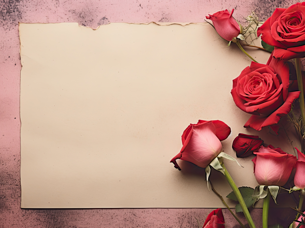Лист бумаги  с красными розами, шаблон открытки