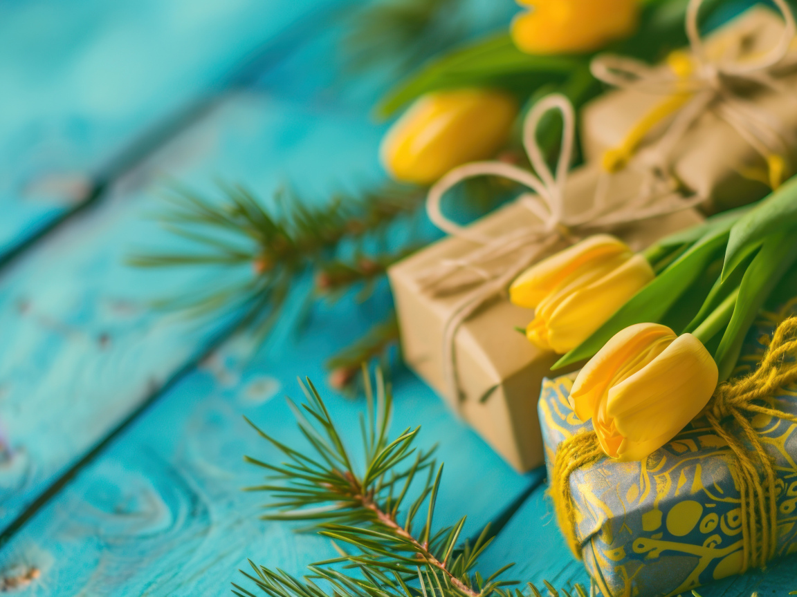 Желтые тюльпаны, еловые ветки и подарки на голубом столе