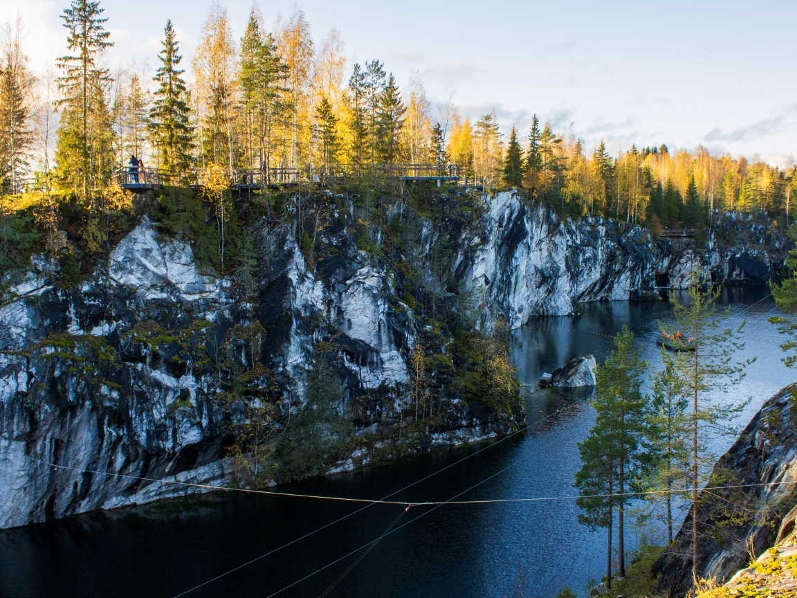 Вид на утес покрытый деревьями у воды