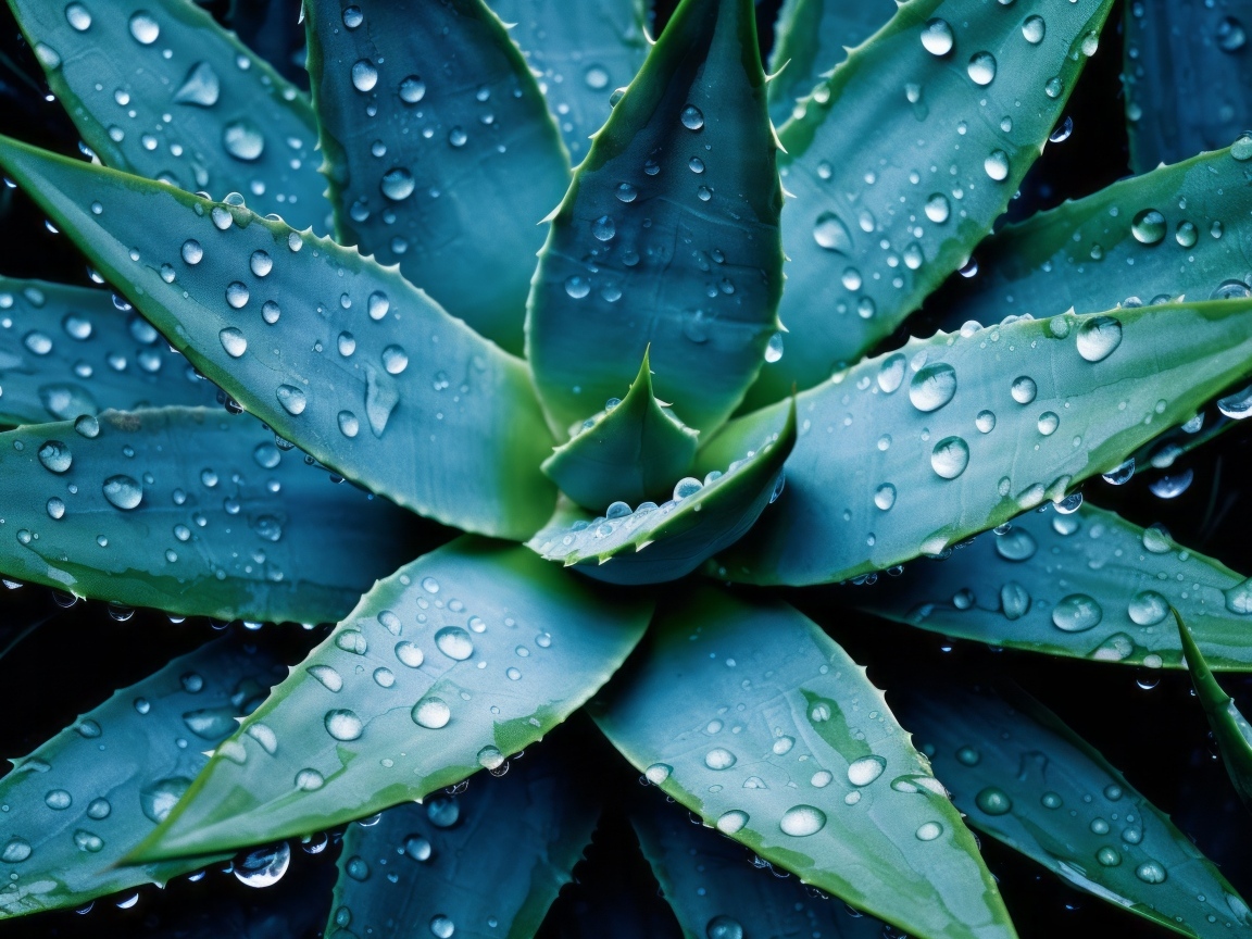 Большое зеленое алоэ в каплях воды