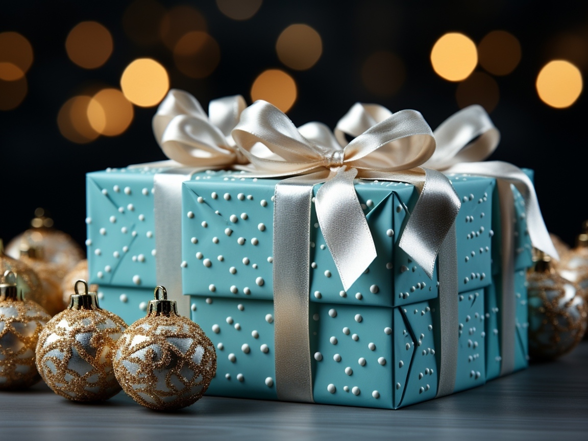 Коробка с подарком и елочными игрушками на Новый год