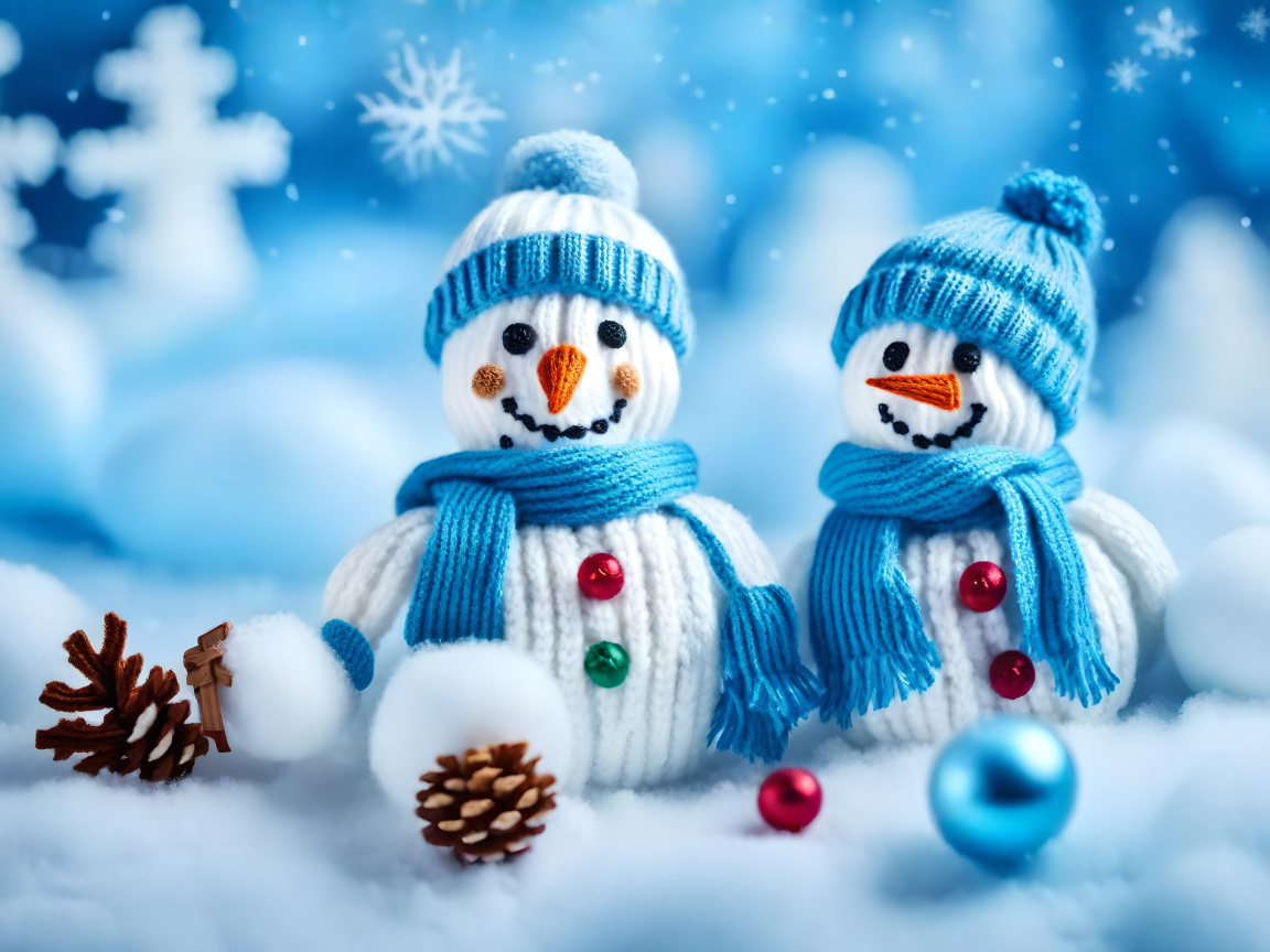 Два снеговика в шапках на снегу с шишками