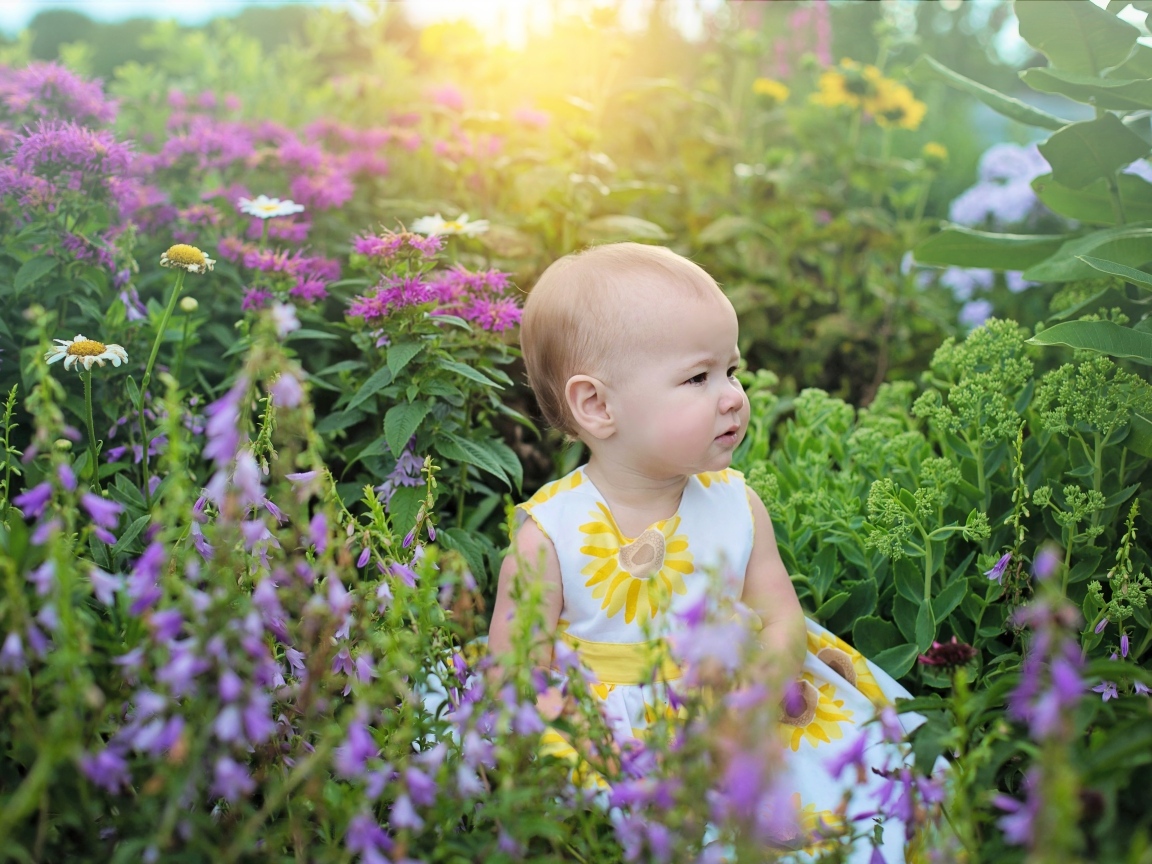 Милая девочка в платье сидит в цветах