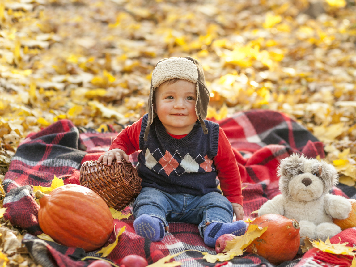 Маленький мальчик с игрушками на земле осенью 