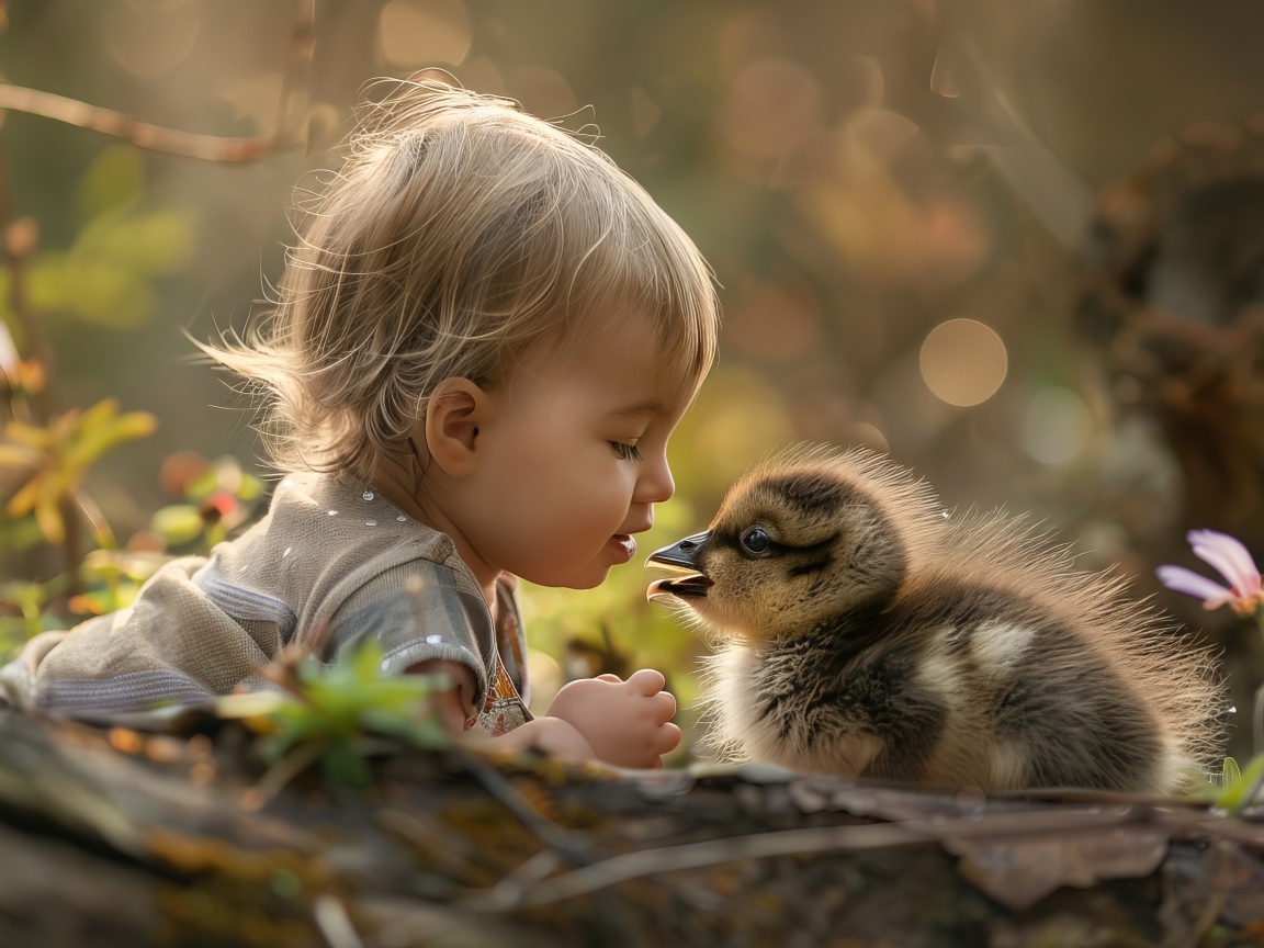 Маленький ребенок с утенком на земле