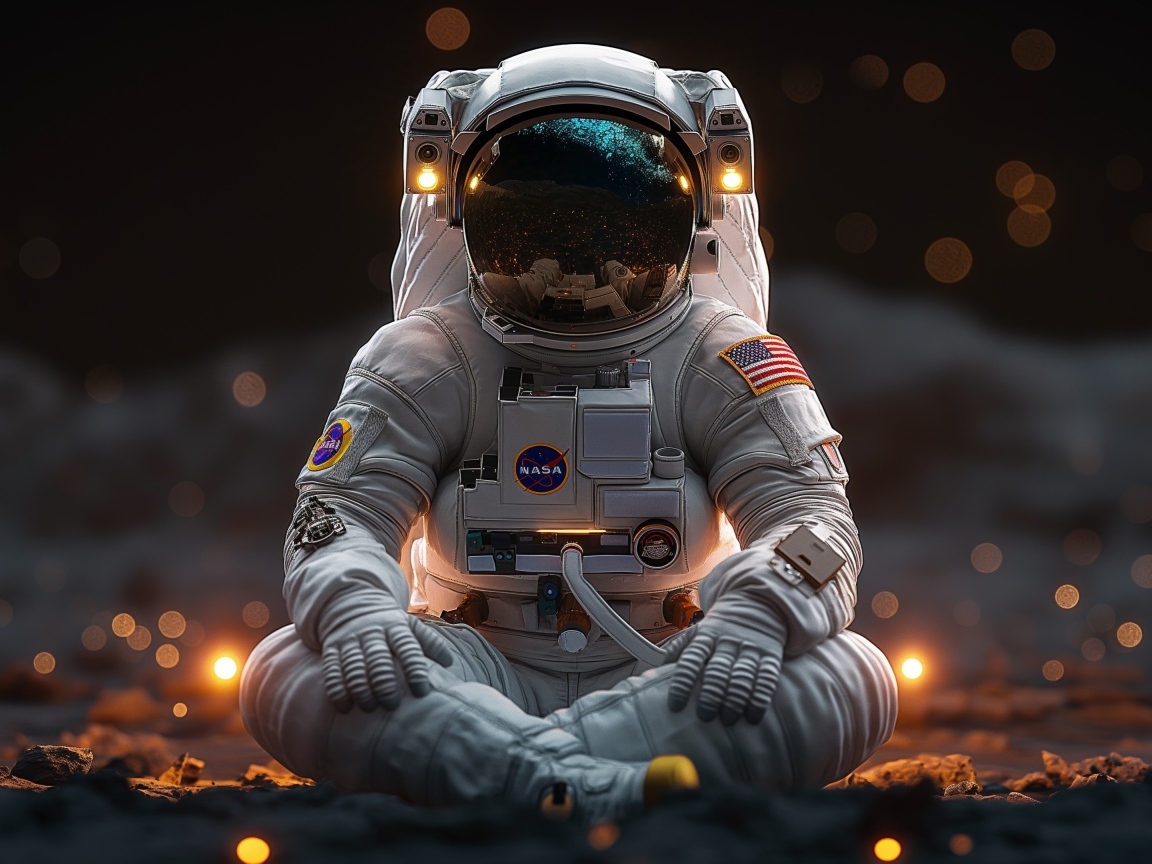 Астронавт сидит в позе для медитации на поверхности планеты