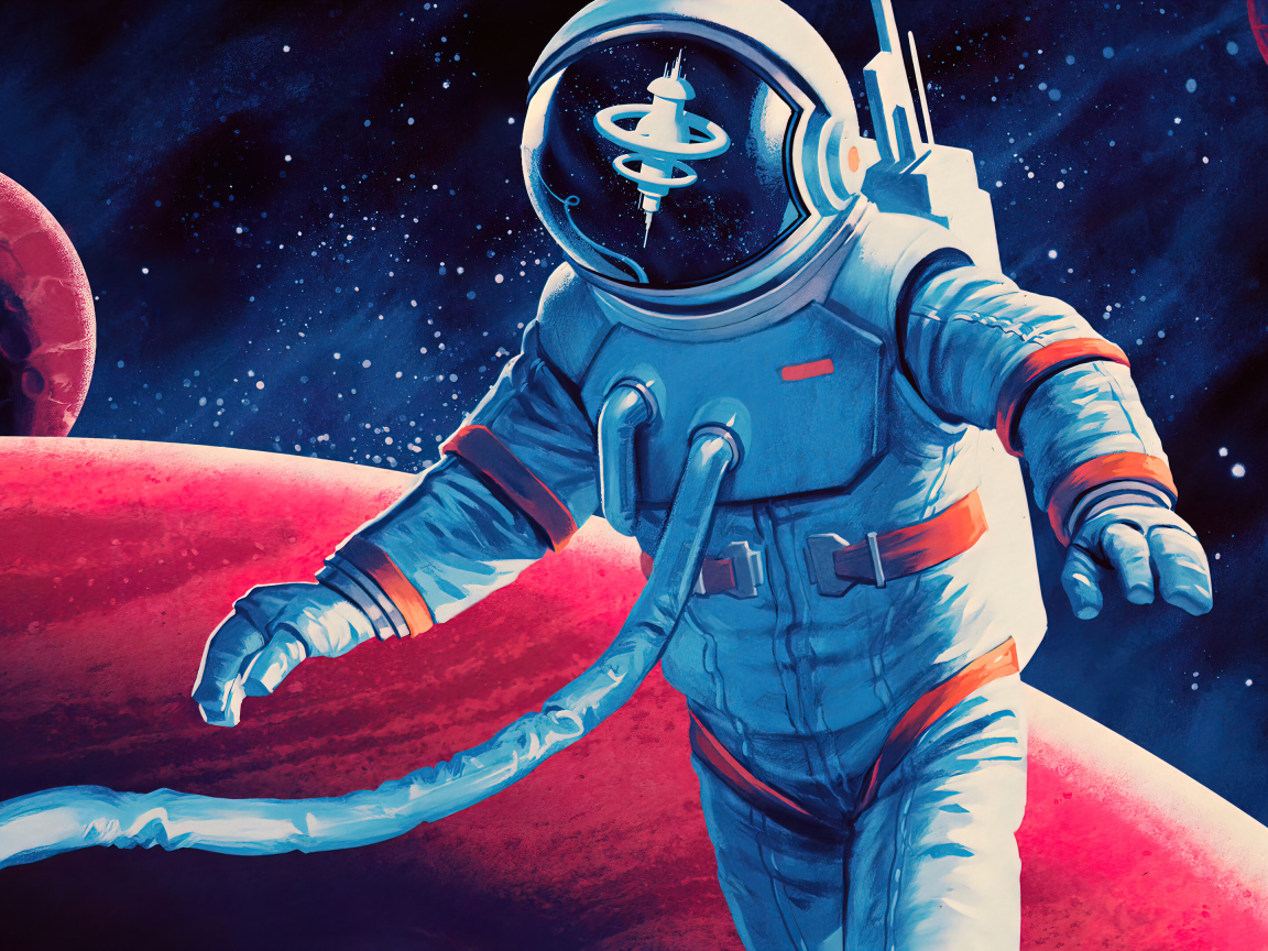 Мужчина астронавт в скафандре на фоне красной планеты