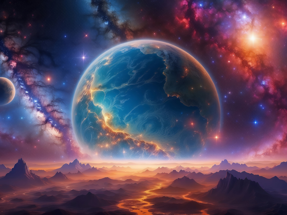 Млечный путь в небе над большой круглой планетой