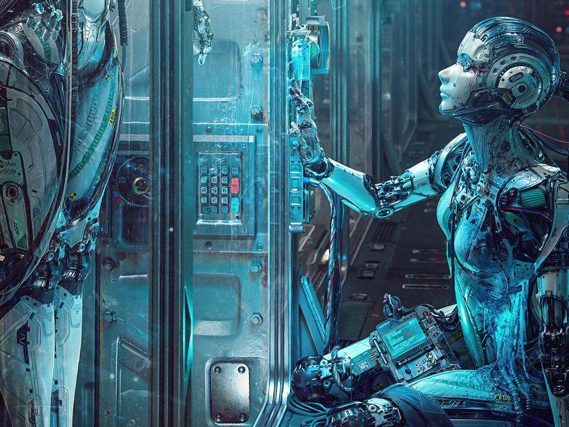 Девушка робот на космическом корабле