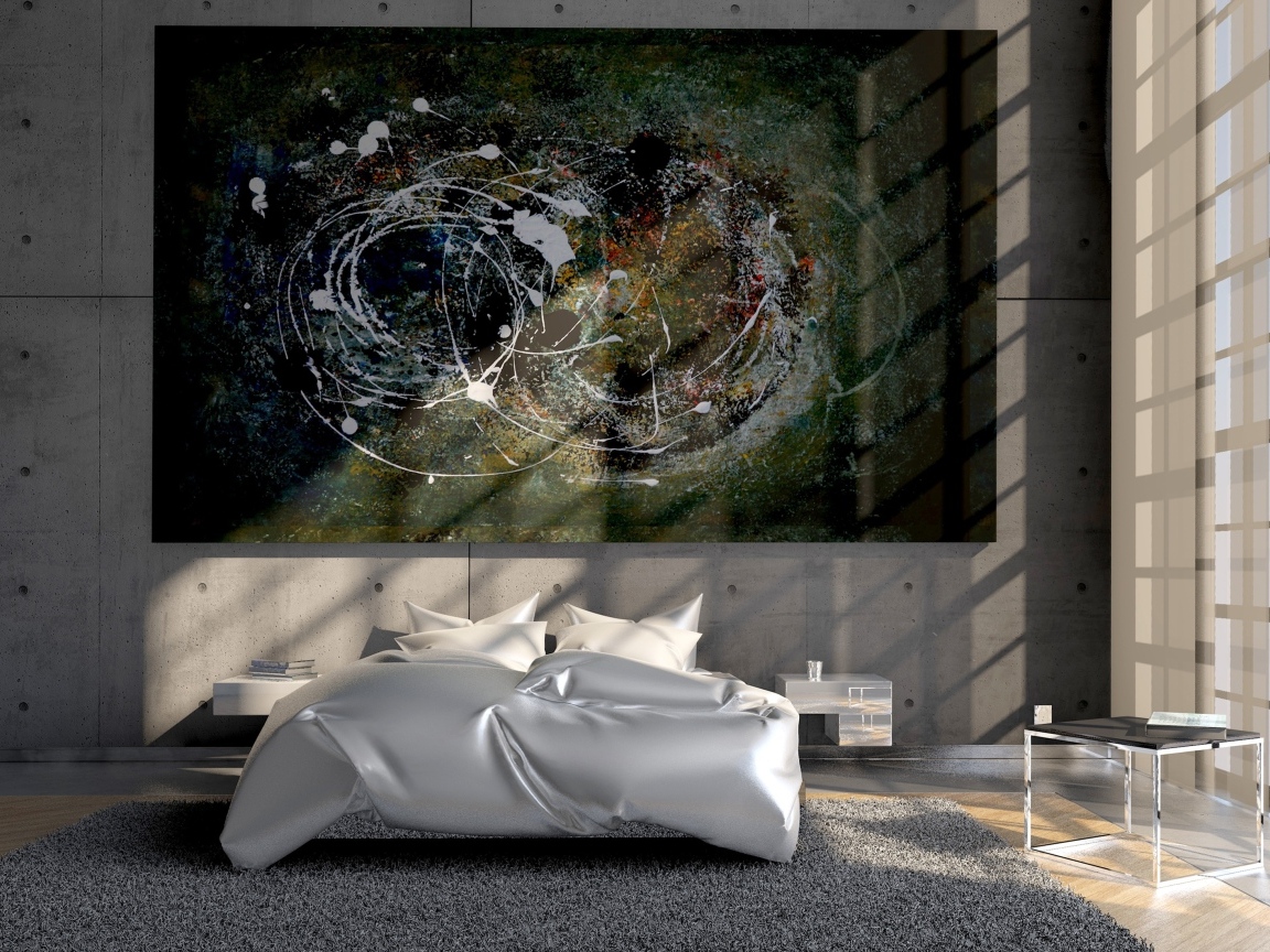Абстрактная картина на стене в спальне с большим окном