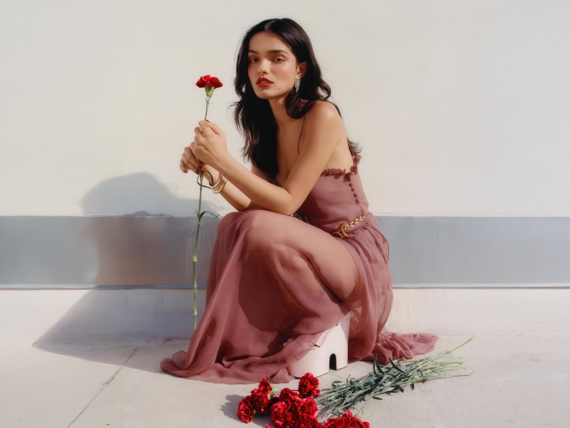 Актриса Рэйчел Зеглер с красными гвоздиками сидит на полу