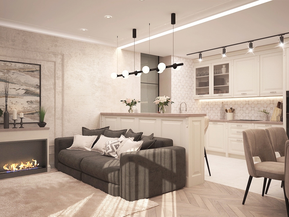 Светлая гостиная с камином и кухней
