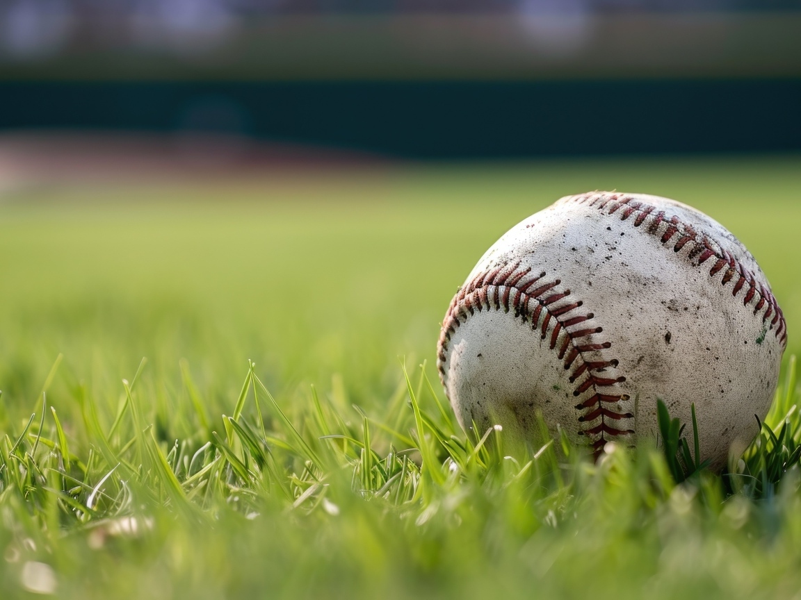 Грязный бейсбольный мяч на зеленой траве на поле