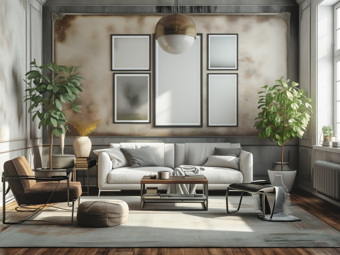 Большой серый диван в комнате с картиной на стене