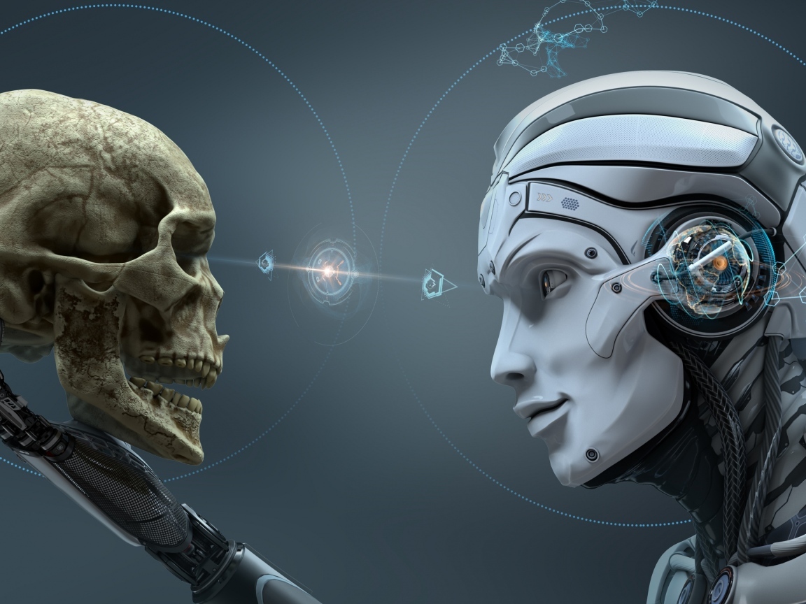 Робот держит в руке череп человека 3д графика