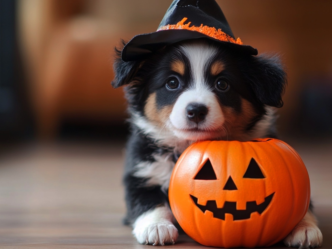 Маленький забавный щенок с тыквой на Хэллоуин 