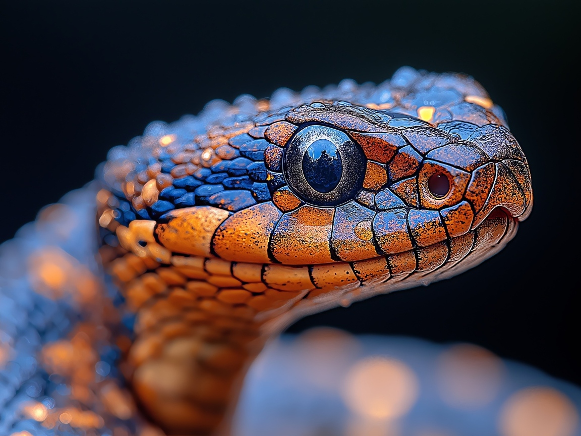 Голова змеи с большими глазами на черном фоне