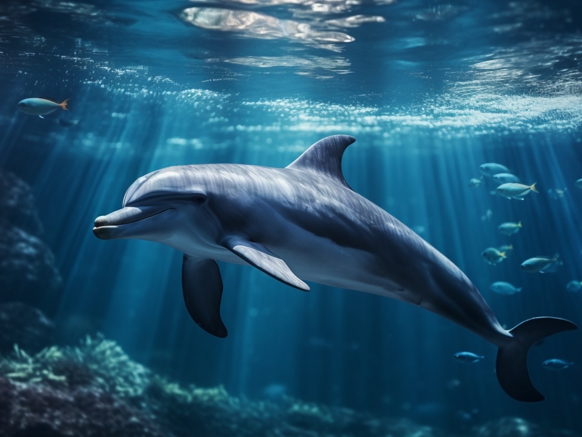 Красивый дельфин под водой в лучах солнца