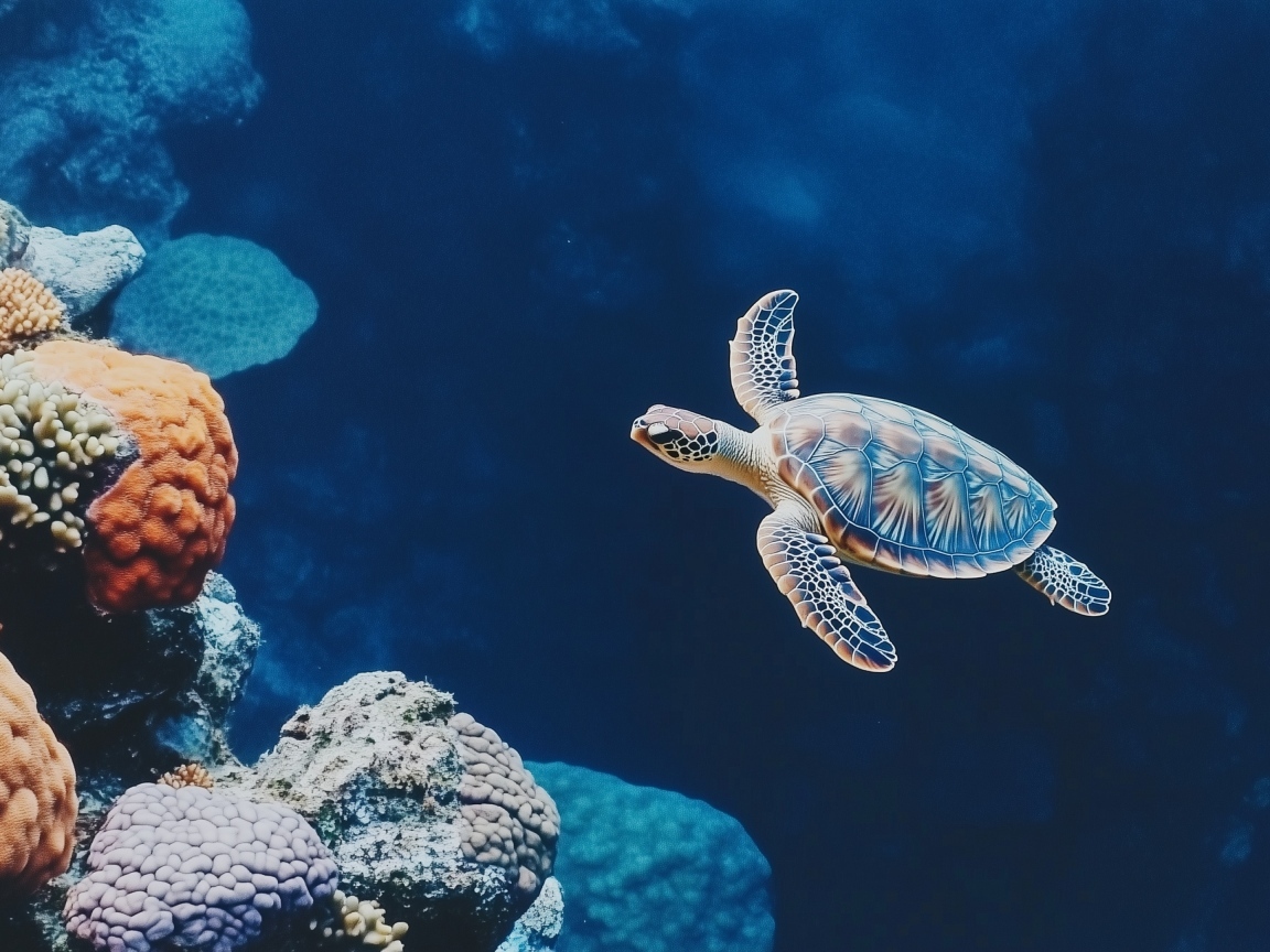 Маленькая черепаха под водой у коралл