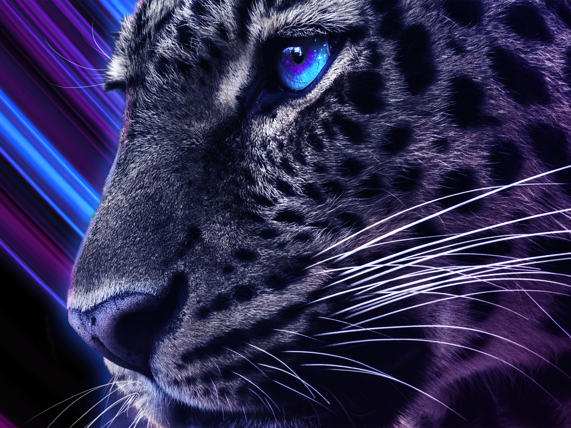 Морда большого пятнистого леопарда с неоновыми глазами