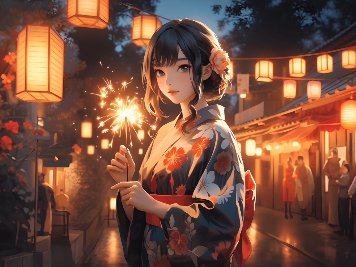 Девушка аниме в кимоно держит бенгальский огонь в руках