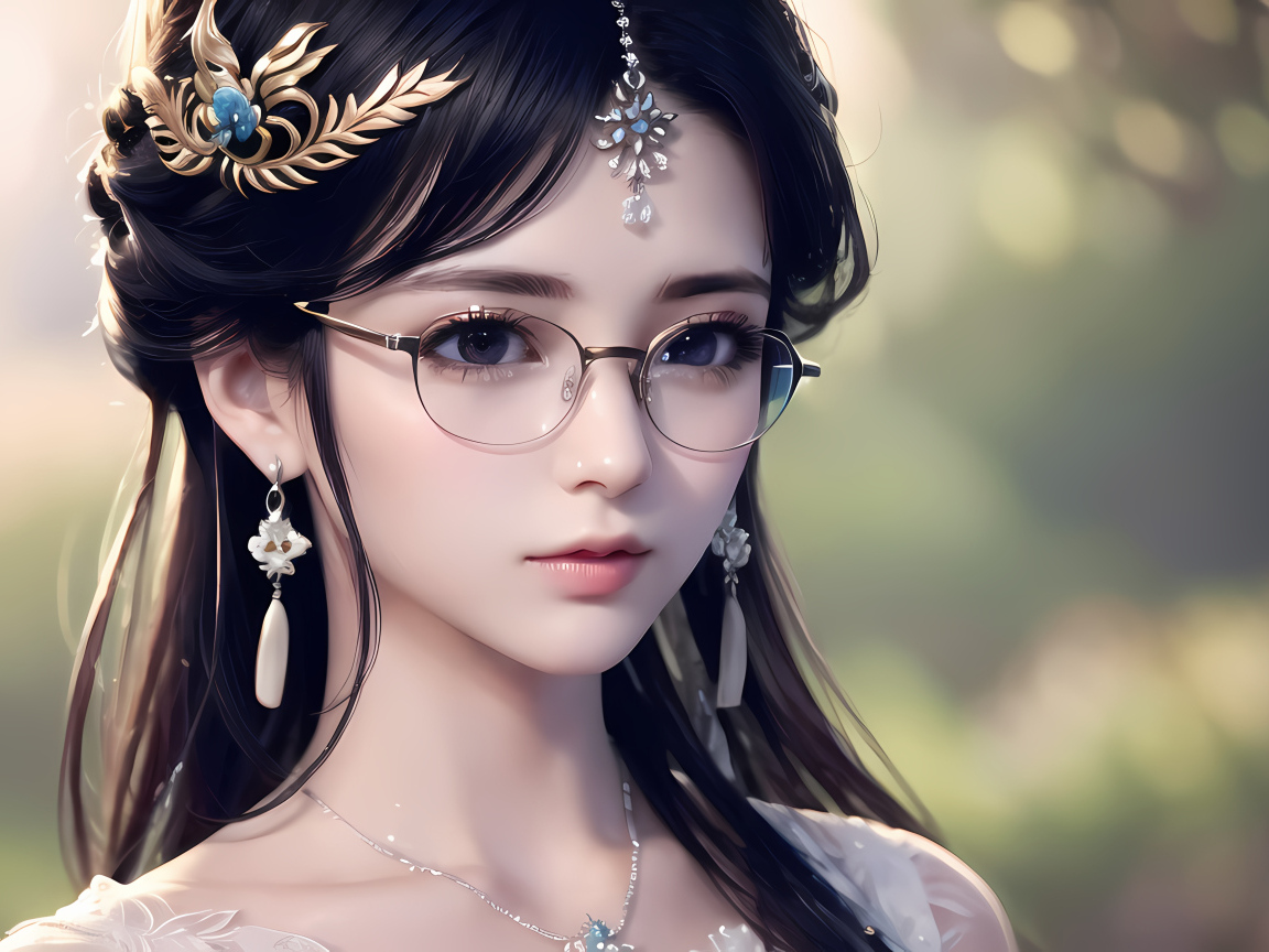 Девушка аниме в очках с украшениями на голове